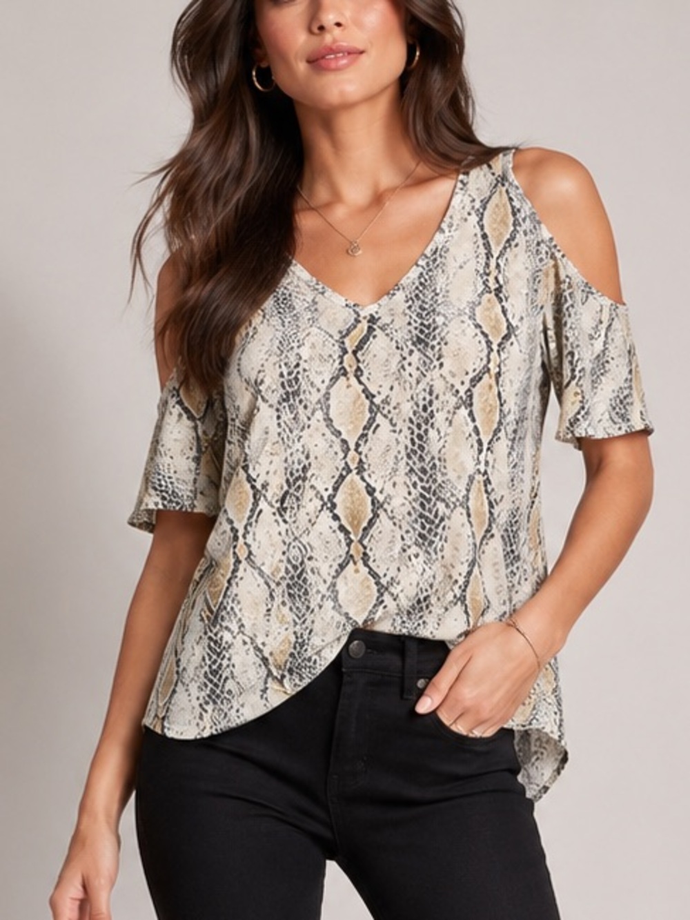Express Neutral Snake-Print V-Neck Top in Beige and Black